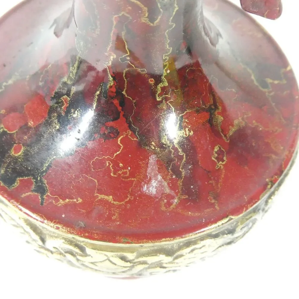 Brass Vase Red Marbled Enamel Vintage 6.5